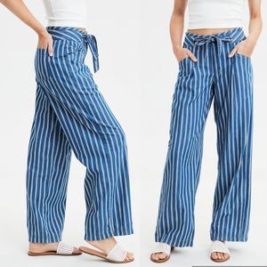 American Eagle High Waist Striped Tie Waist Wide Leg Palazzo Pants Medium Wash 8